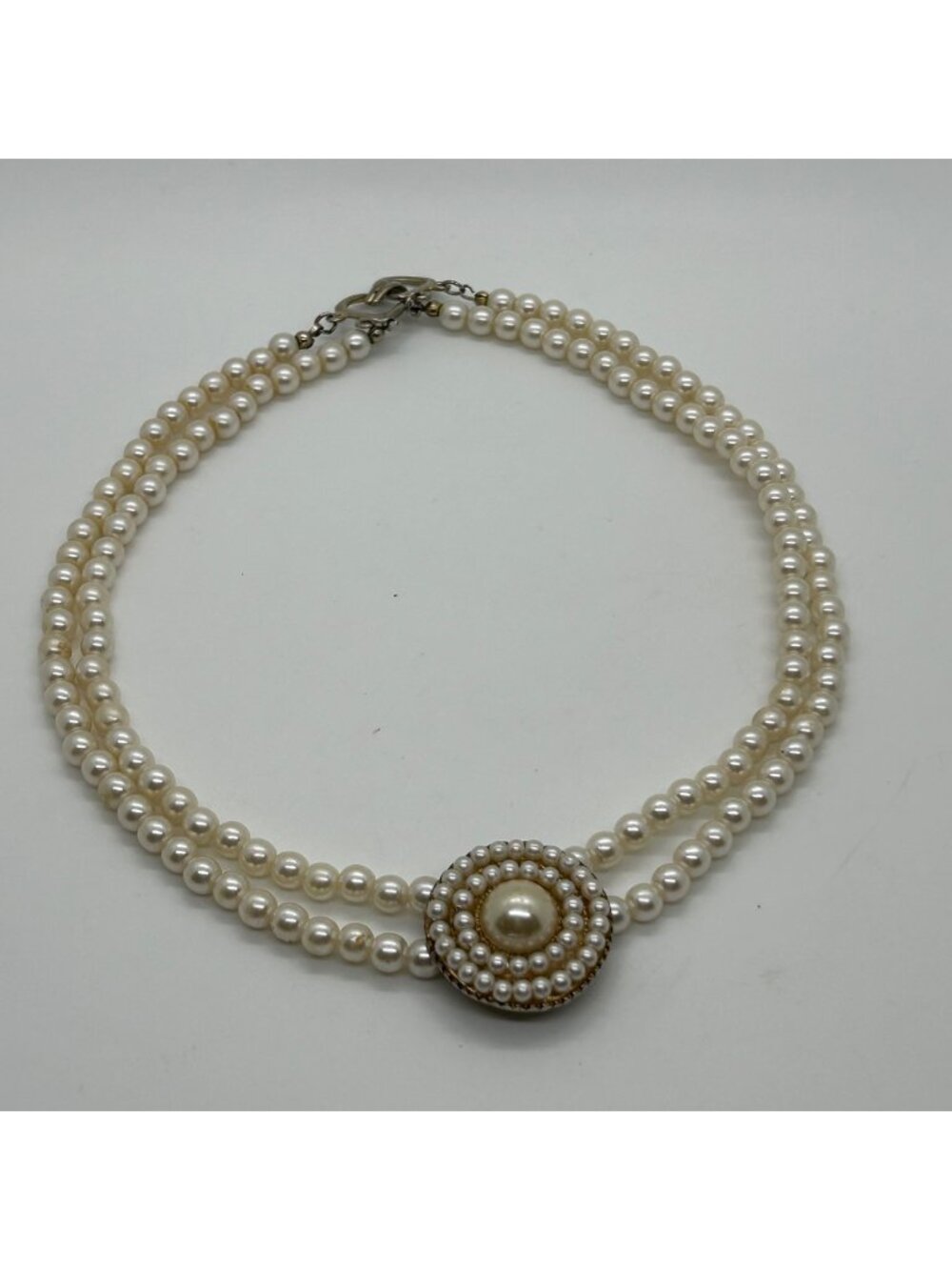 Vintage Faux Pearl Choker Double Strand Acrylic Necklace With Pendant Prom Forma